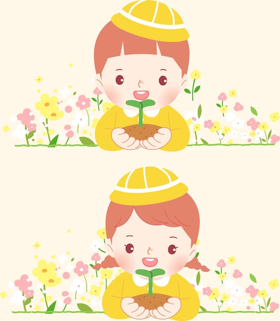 Crianças Primavera Personagens Dia das Crianças Natureza Flores Vectoras Ilustrações de Primavera Outdoo