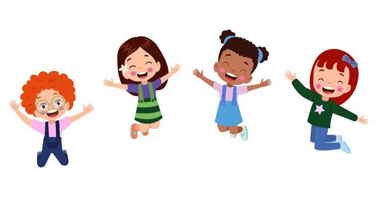 Vetor crianças pulando crianças engraçadas felizes brincando e pulando em diferentes poses de ação educação pequenos personagens vetoriais de equipe ilustração de diversão e sorriso para crianças e crianças