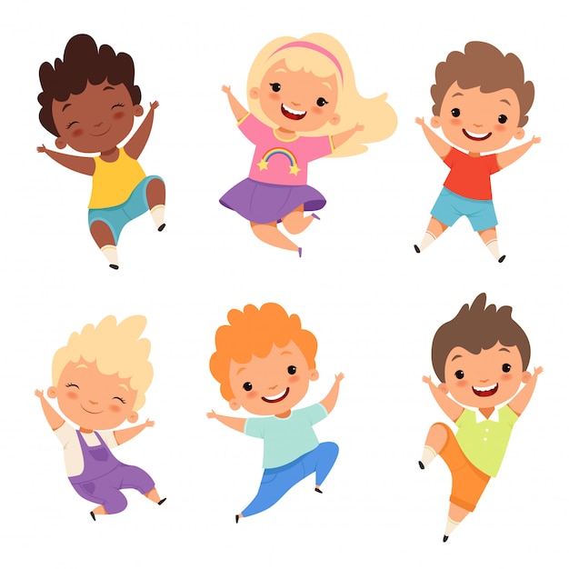 Crianças pulando, crianças felizes da escola sorriem rir meninos e meninas jogando personagens de desenhos animados