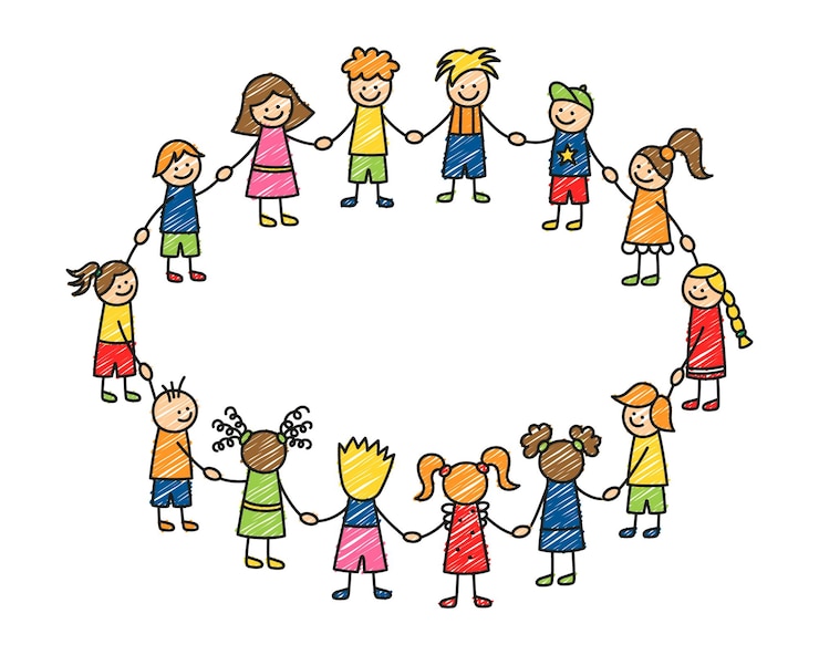 Vetor crianças rabiscadas felizes de mãos dadas crianças engraçadas desenhadas à mão em círculo conceito de amizade de crianças comunidade de crianças doodle ilustração vetorial isolada no fundo branco