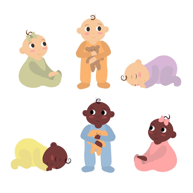 Vetor crianças recém-nascidas, bebês, atividades, personagens alegres e fofos, hoje em dia, conjunto de desenhos animados vetoriais