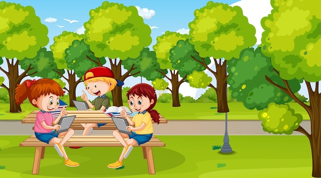 Crianças se inclinando online com um tablet no parque