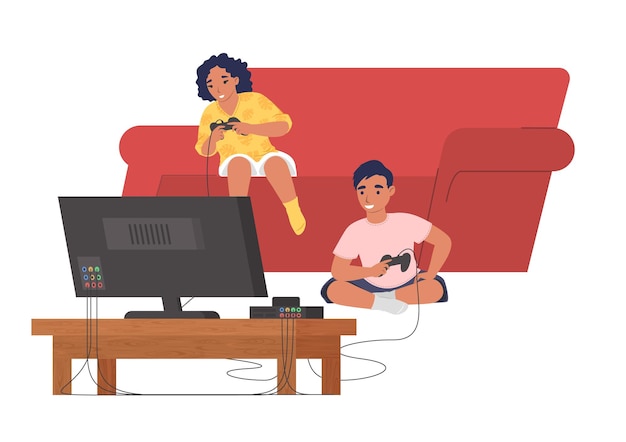 Crianças sentadas no sofá e jogando videogame