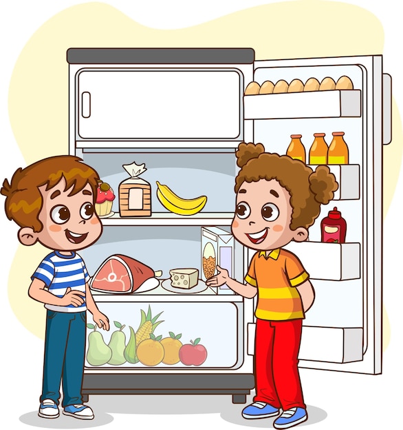 Crianças tirando alimentos e bebidas da geladeira