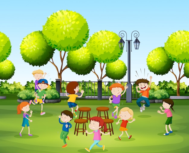 Crianças, tocando, música, cadeira, parque