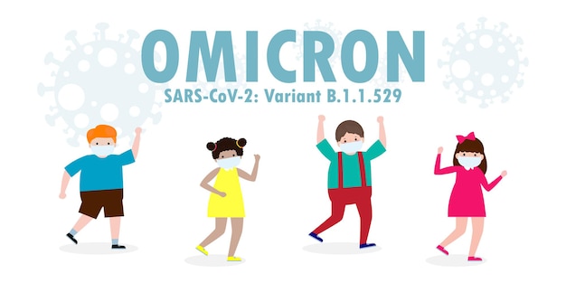 Crianças usando máscara facial em pânico devido a partículas de coronavírus omicron 21 covid, variante b11529