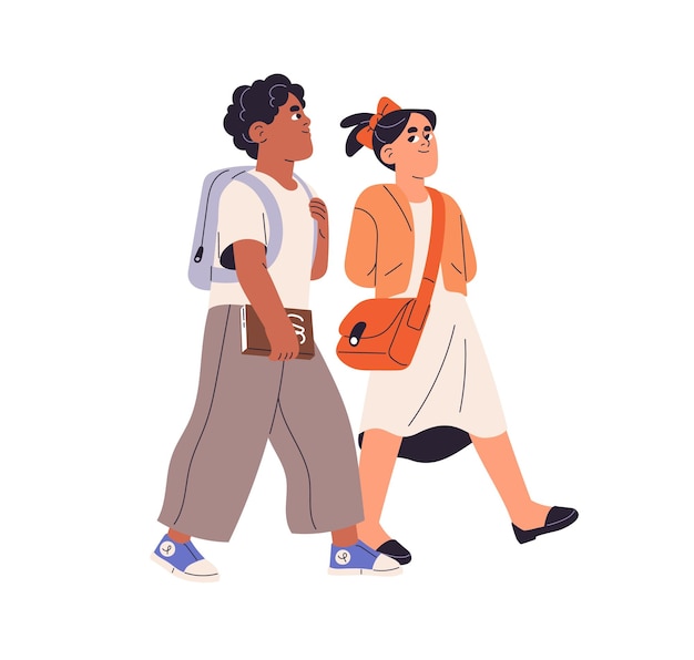 Crianças vão para a escola carregando um livro de saco escolar Amigos felizes menina e menino com livros mochila caminham juntos Estudantes crianças com mochila mochila Ilustração vetorial isolada plana em branco
