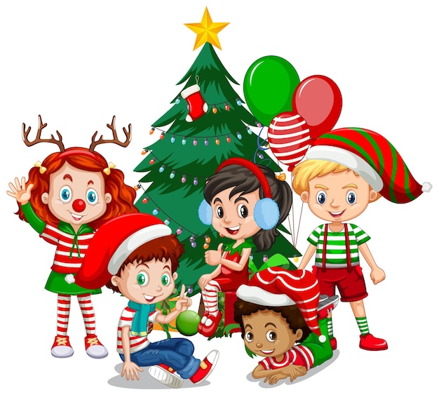 Crianças vestem personagem de desenho animado com fantasia de natal e árvore de natal no fundo branco