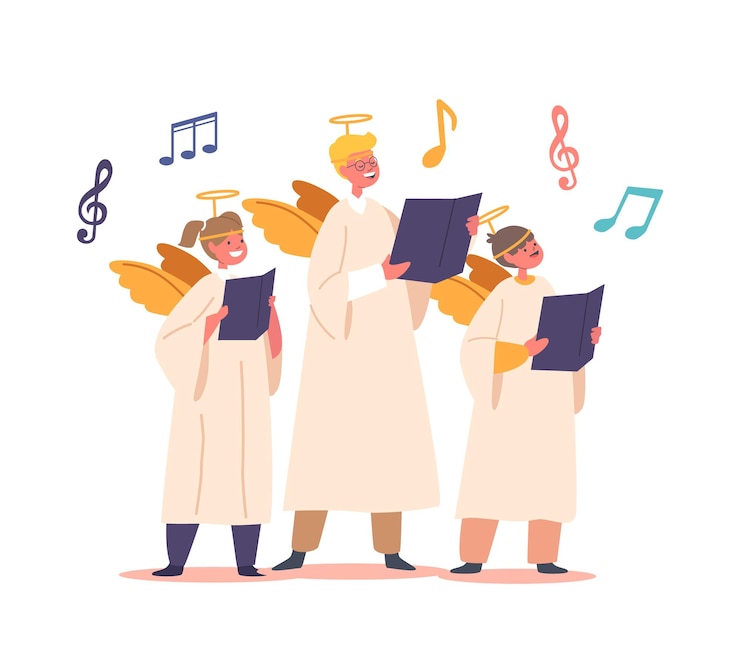 Vetor crianças vestidas com fantasias de anjo com nimbus segurando notas cantam harmoniosamente juntas em uma ilustração vetorial de coro