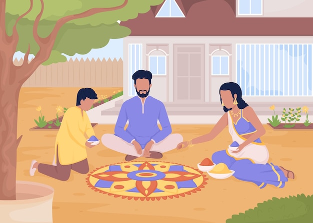 Criando rangoli de flores com ilustração vetorial de cores planas da família