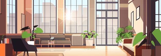 Criativo vazio, apartamento moderno, sem pessoas, interior de escritório doméstico de espaço aberto com móveis para trabalho corporativo ou freelancer