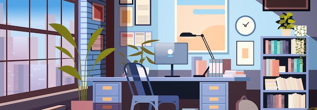 criativo vazio sem pessoas apartamento loft moderno interior de escritório doméstico de espaço aberto com móveis para ilustração vetorial horizontal de trabalho corporativo ou freelancer