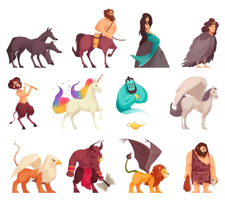 Vetor criaturas mágicas míticas espíritos monstros ícones de estilo de desenho animado conjunto com cyclops sereia centauro unicórnio cerberus ilustração vetorial