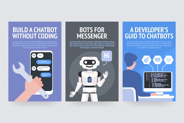 Crie chatbot sem codificação. bots para messenger. um guia para desenvolvedores de chatbots. cartazes