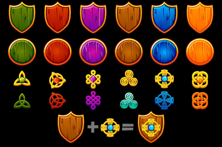 Vetor crie um conjunto de escudo celta. construtor para criar kit diferente, desenvolvimento de jogos.