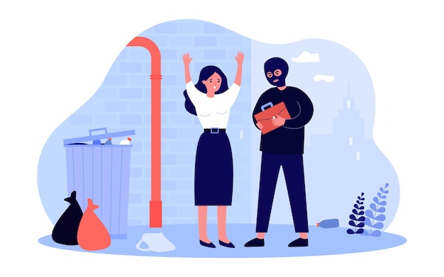 Criminoso na máscara segurando o saco da mulher assustada no beco. Ladrão perigoso roubando bolsa perto de lata de lixo ilustração vetorial plana. Crime, conceito de segurança para banner, design de site ou página de destino