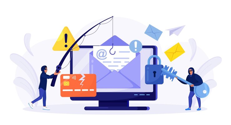 Vetor criminosos cibernéticos que roubam dados pessoais privados, credenciais, senhas, documentos bancários e cartões de crédito. minúsculos hackers anônimos atacando computador, hackeando e-mail. crime cibernético, ataque de hacker