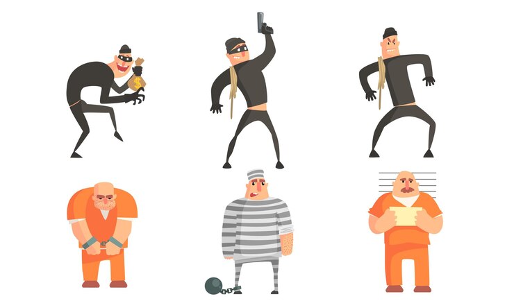 Vetor criminosos e prisioneiros personagens definidos ladrões mascarados cometendo assaltos ou roubos prisioneiros em ilustração vetorial uniforme