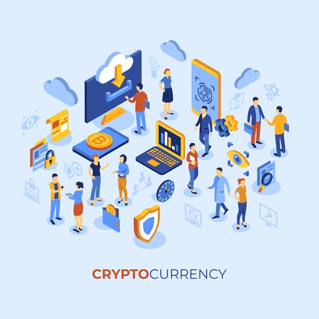 Criptocurrency bitcoin tecnologia personagens infográficos