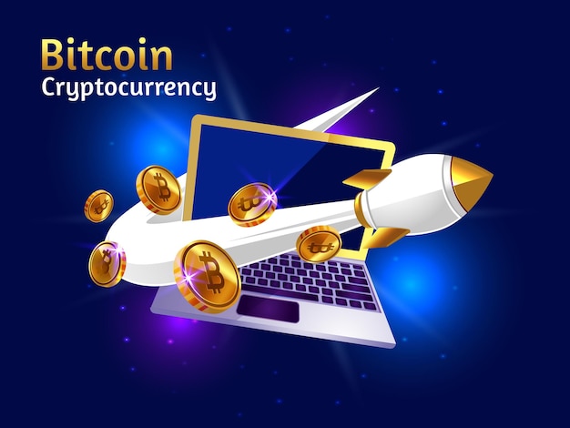 criptomoeda bitcoin com foguete e laptop