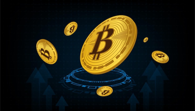 Criptomoeda Bitcoin com moedas de ouro voando representam tendência de alta no conceito futurista