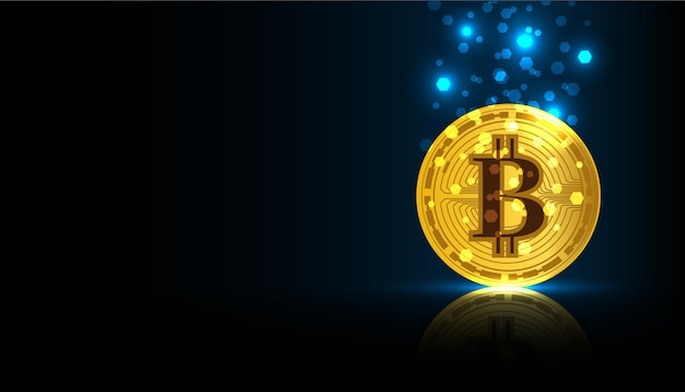 Criptomoeda Bitcoin com moedas de ouro voando representam tendência de alta no conceito futurista