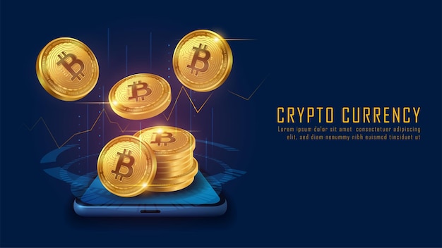 Criptomoeda Bitcoin com pilha de moedas saindo de smartphone, ilustrador vetorial