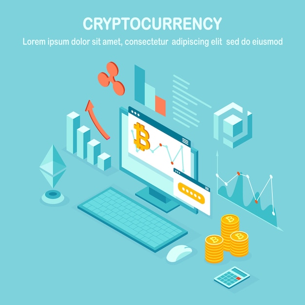 Criptomoeda e blockchain. bitcoins de mineração. pagamento digital com dinheiro virtual, finanças. computador isométrico 3d, laptop com moeda, token. design para banner