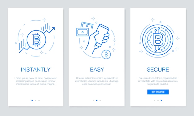 Criptomoeda e onboarding do conceito blockchain. modelo moderno de passo a passo para celular