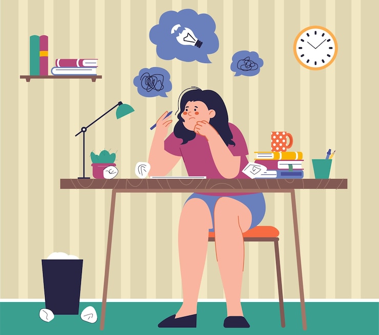 Vetor crise de criatividade da menina jovem escritor ou designer sentado em uma mesa com papéis arrugados sem ideias ou pensamentos confusos burnout conceito vetorial esplêndido