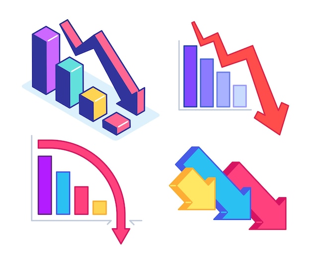 Crise financeira do gráfico de queda seta decrescente mostrando falência estatísticas econômicas ruins com perda de renda