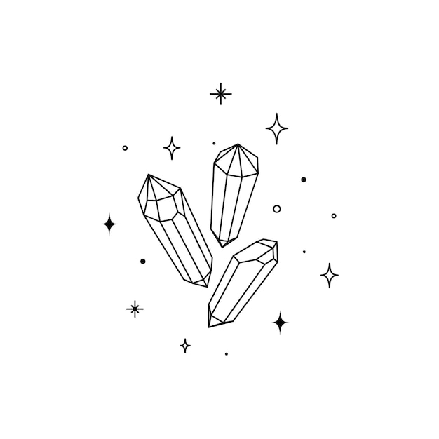 Vetor cristais mágicos de cura com brilho no estilo de contorno jóia de pedras preciosas e diamantes é arte de linha simples gema mística e lantejoulas doodle ilustração vetorial