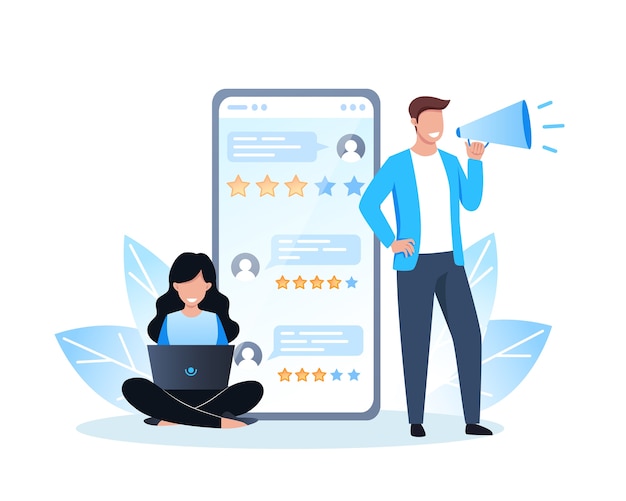 Críticas online, pessoas dando feedback usando o aplicativo móvel, mulher sentada com um laptop, um homem com um megafone