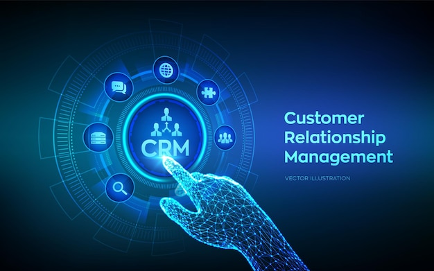 CRM Customer Relationship Management Atendimento ao cliente e relacionamento Comunicação empresarial e conceito de planejamento na tela virtual Mão robótica tocando interface digital Ilustração vetorial