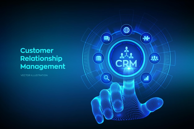 CRM Customer Relationship Management Atendimento ao cliente e relacionamento Conceito de planejamento de comunicação empresarial na tela virtual Wireframe mão tocando a interface digital ilustração vetorial