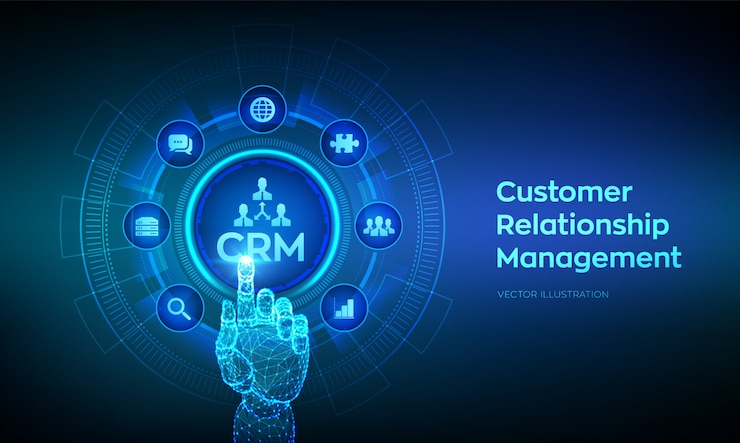 Vetor crm. gerenciamento de relacionamento com o cliente. mão robótica tocando interface digital.