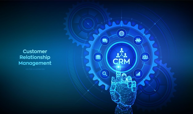 CRM Gestão de Relações com o Cliente Serviço ao Cliente e Relações Empresariais Comunicação Wireframe Interface digital de toque manual com engrenagens conectadas engrenagens e ícones Ilustração vetorial
