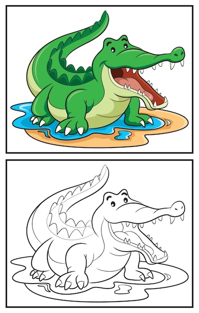 Crocodilo bonito do livro para colorir. página para colorir e personagem de clipart colorido. desenho vetorial.