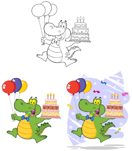 Crocodilo de aniversário segurando um bolo de aniversário