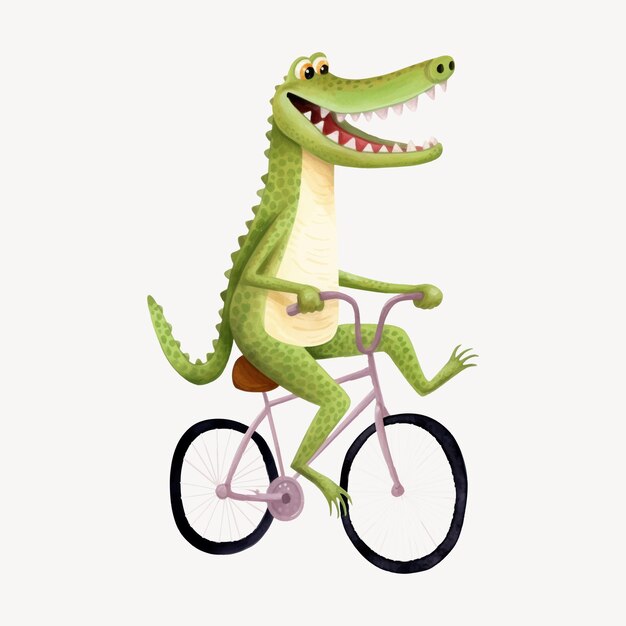 Crocodilo de desenho animado a andar de bicicleta