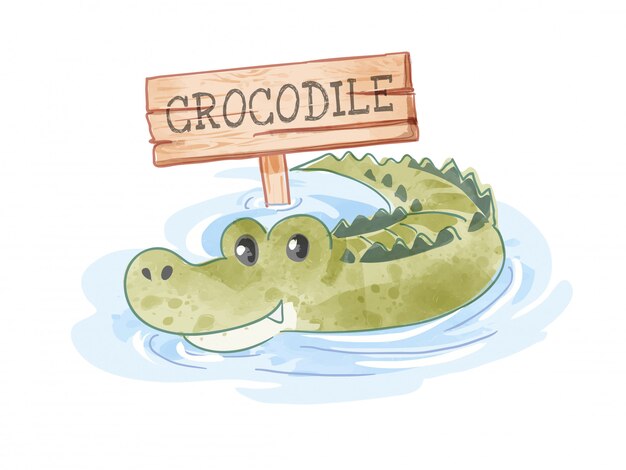 Crocodilo de desenho animado na lagoa com ilustração de sinal de madeira