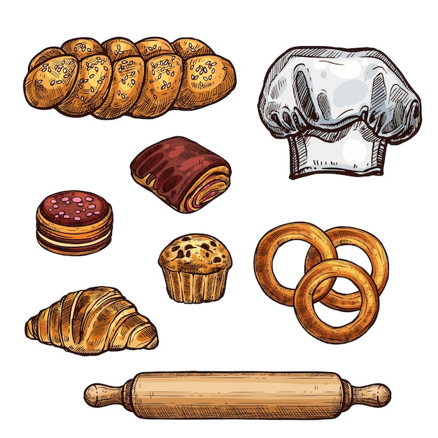 Vetor croissant de pão e bolo de pão e esboço de cupcake