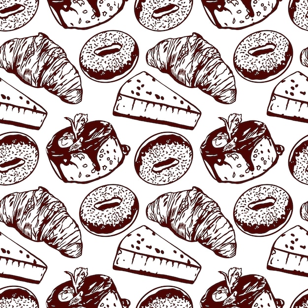 Croissant donut cheesecake Ilustração vetorial de um padrão sem costura em estilo gráfico Elemento de design para menus de restaurantes cafés bares de lanches rótulos de alimentos cobre papel de embrulho