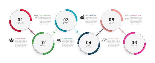 Cronograma de círculo de infográficos com modelo de dados de 6 números ilustração vetorial abstrato