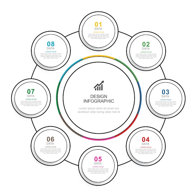 Cronograma de círculo de infográficos com modelo de dados de 8 números ilustração vetorial abstrato