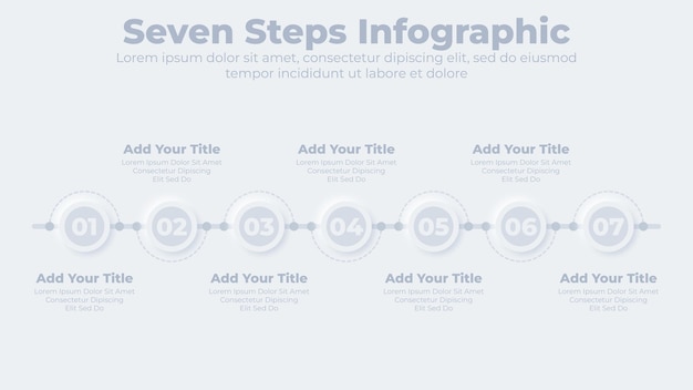 Cronograma de negócios neumórfico com modelo de apresentação de infográfico de 7 etapas ou opções