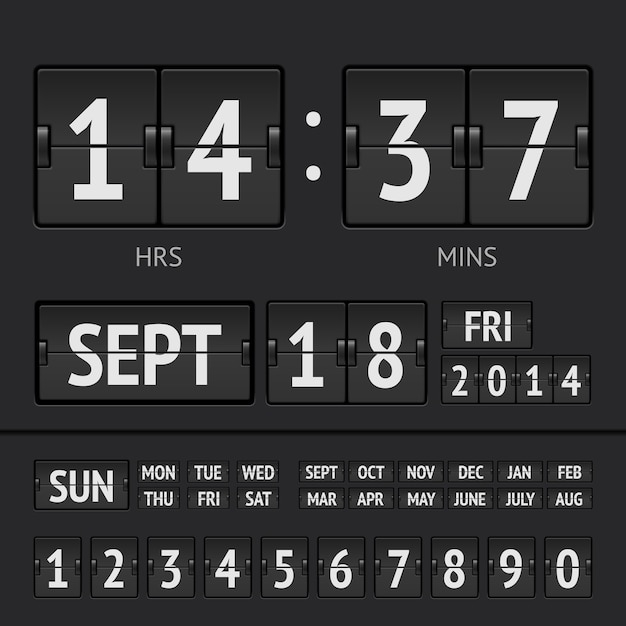 Cronômetro digital de placar flip preto com data e hora da semana