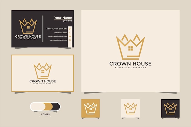 Crown house com design de logotipo em estilo de linha e cartão de visita