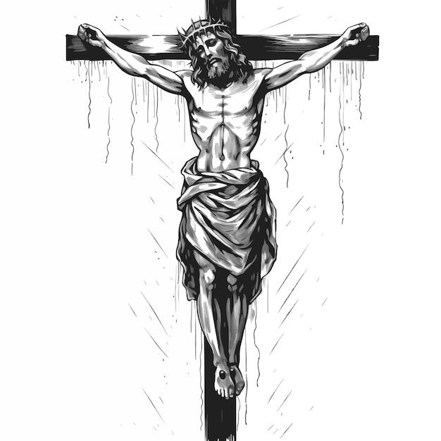 Vetor crucifixo preto e branco com jesus cristo em fundo branco