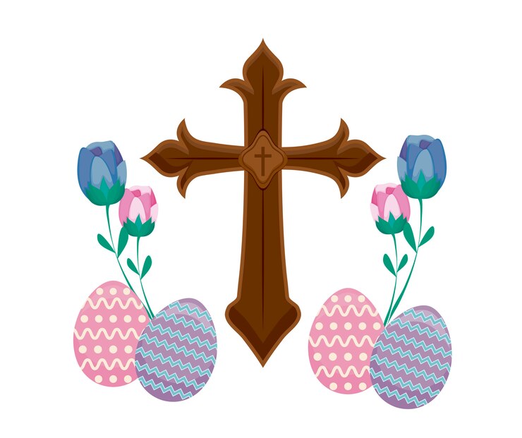 Vetor cruz católica de madeira com ovos de páscoa e flores
